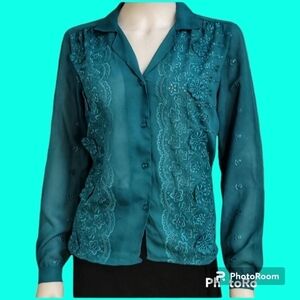 Vtg LA BONNE 1970s Teal Floral Eyelet Button Down Shirt
